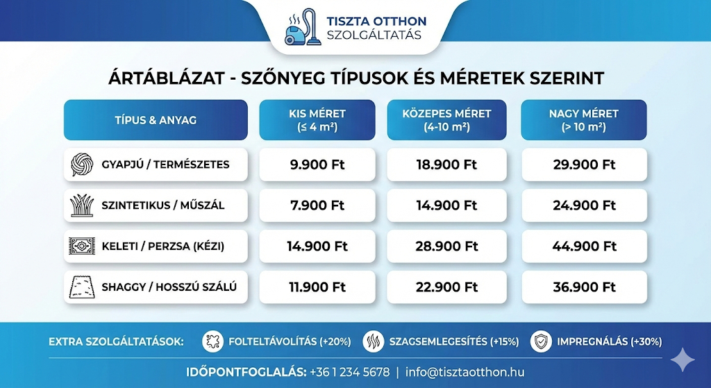 Szőnyegtisztítás árak összehasonlító táblázat Budapest 2026