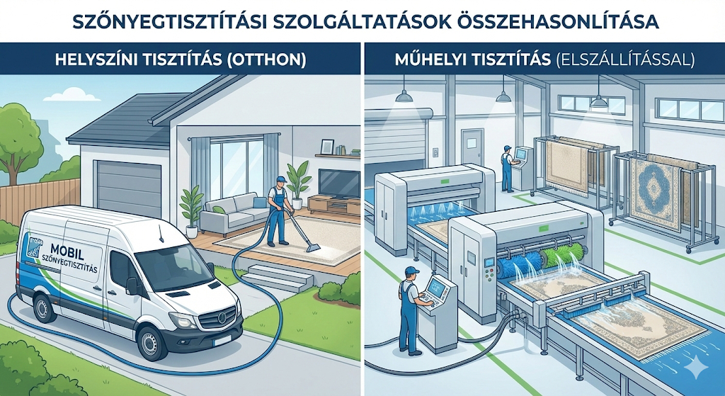 Szőnyegtisztítás szolgáltatási típusok összehasonlítása - helyszíni és műhelyes